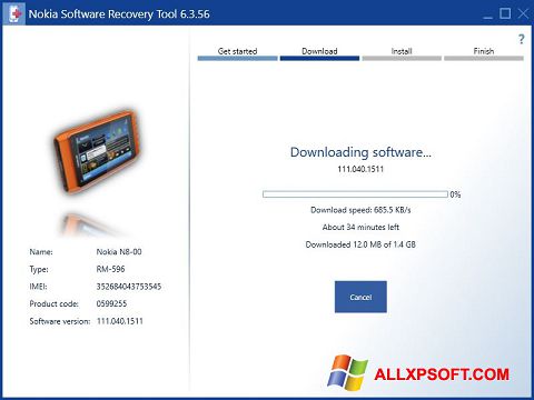 Ảnh chụp màn hình Nokia Software Recovery Tool cho Windows XP