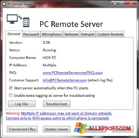 Ảnh chụp màn hình PC Remote Server cho Windows XP