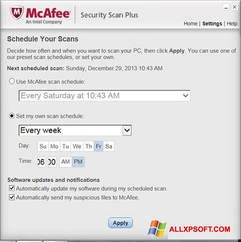 Ảnh chụp màn hình McAfee Security Scan Plus cho Windows XP