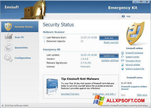 Ảnh chụp màn hình Emsisoft Emergency Kit cho Windows XP