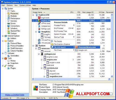 Ảnh chụp màn hình System Explorer cho Windows XP
