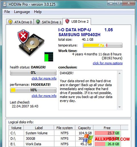 Ảnh chụp màn hình HDDlife cho Windows XP