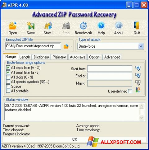 Ảnh chụp màn hình Advanced Archive Password Recovery cho Windows XP