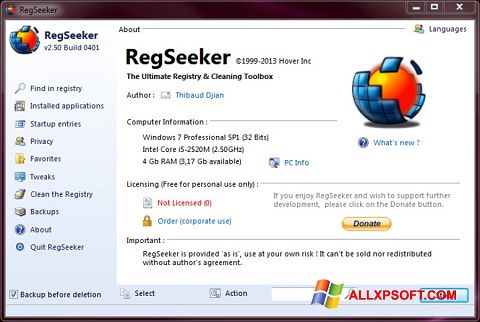 Ảnh chụp màn hình RegSeeker cho Windows XP