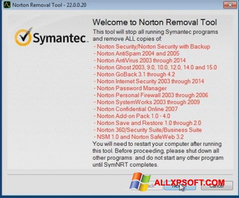 Ảnh chụp màn hình Norton Removal Tool cho Windows XP