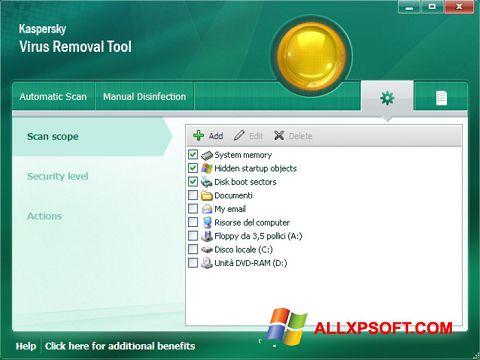 Ảnh chụp màn hình Kaspersky Virus Removal Tool cho Windows XP