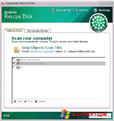 Ảnh chụp màn hình Kaspersky Rescue Disk cho Windows XP